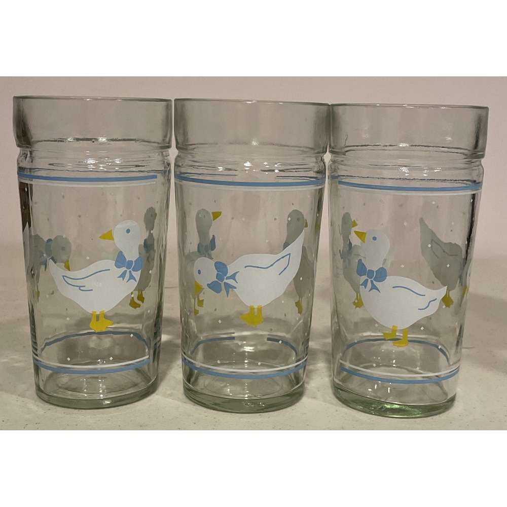 Vtg Set 3 Geese Goose Duck Glasses Cups Blue Ribbon Bow Libbey Anchor Hocking